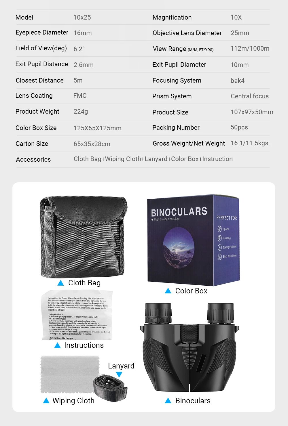 10x25 Binoculars for Adults and Kids Compact Binoculars product detail 10