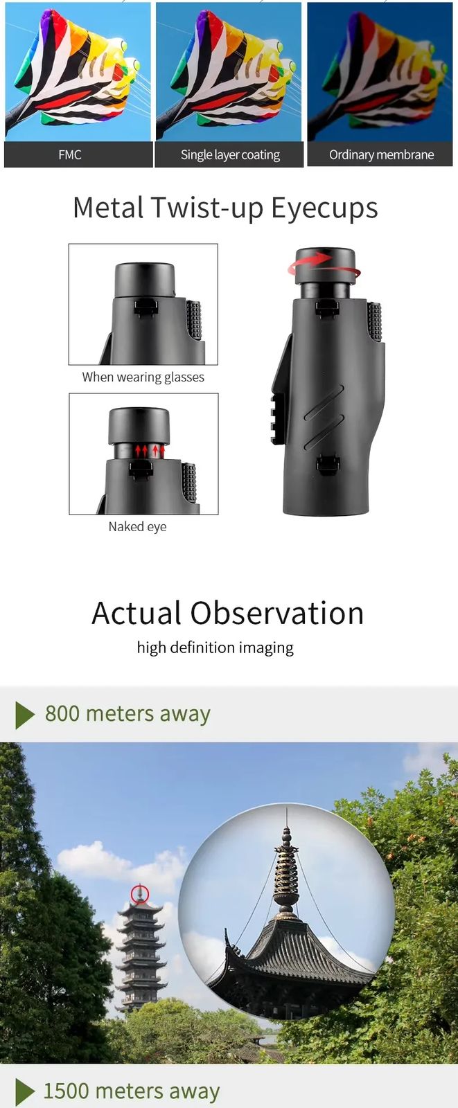 12X50 HD Adult Pocket Telescope Monocular FMC & product detail 7