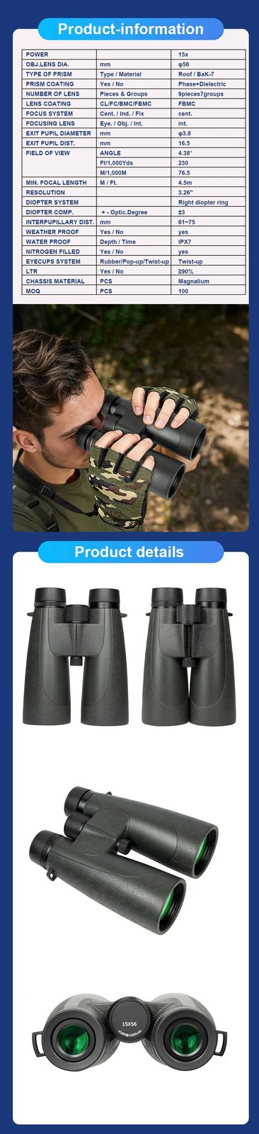 15x56 High Power IPX7 WATERPROOF BAK4 Prism Binoculars product detail 1