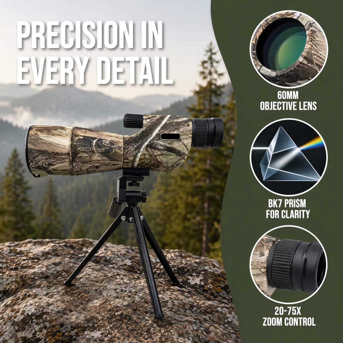 20-75x60 Spotting Scope Professional HD Optical FMC Lens product detail 5