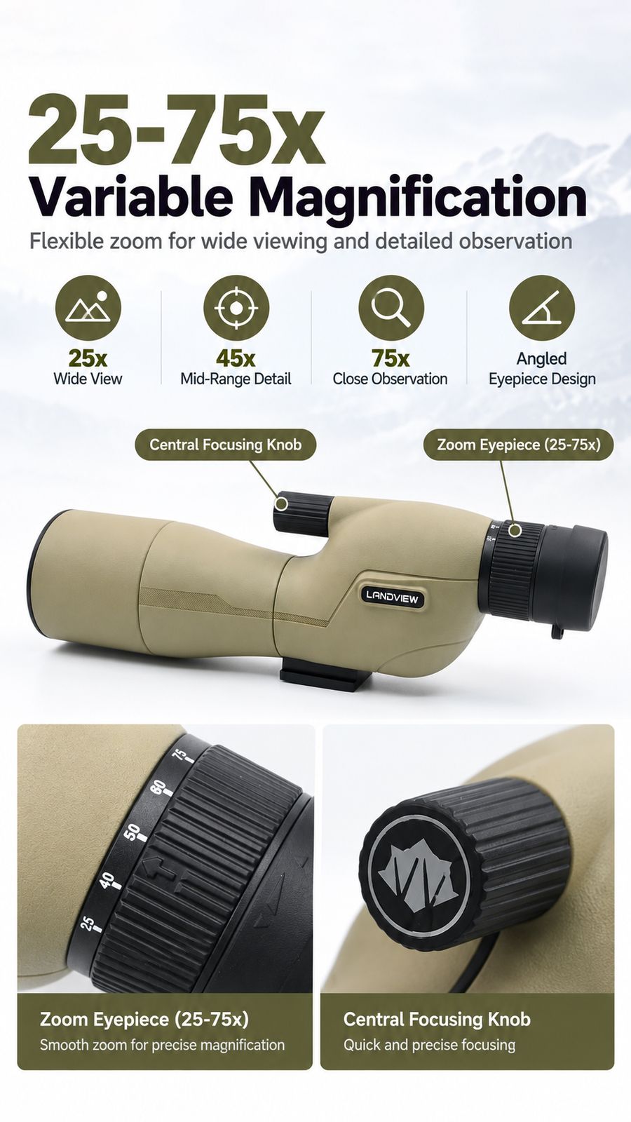 25-75x60 High Magnification Angled Spotting Scope with product detail 2