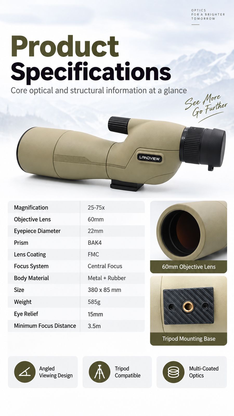 25-75x60 High Magnification Angled Spotting Scope with product detail 5
