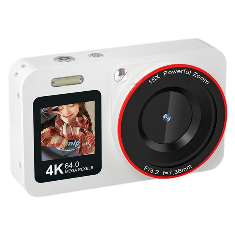 cv01-digital-camera-2-8-inch-rear-1-4-inch-front-dual-screen-4k-ultra-hd-64mp-ccd-video-recorder-with-32gb-card-card-reader-white-main Digital Camera main product image