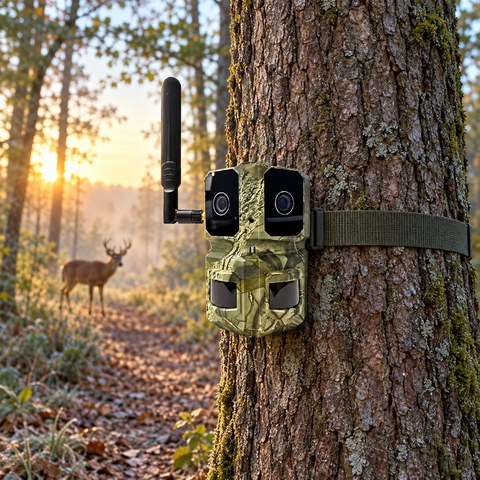 Dual-Lens Trail Cameras equipment in a relevant outdoor setting