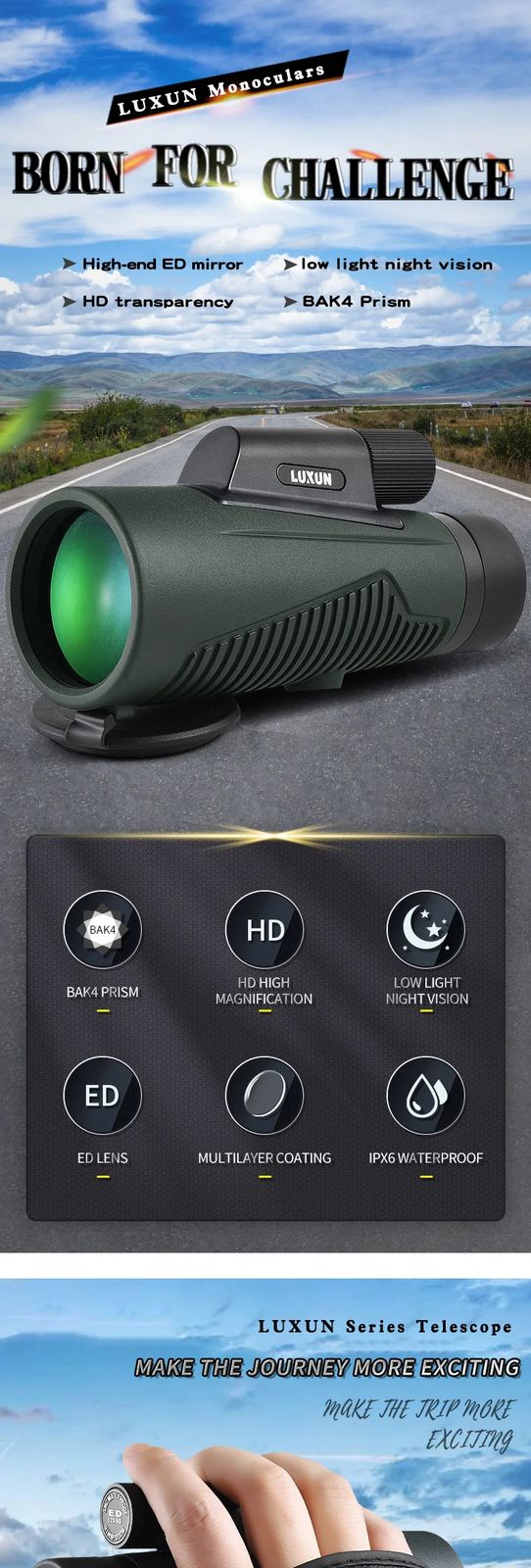 Handheld ED Lens 12X50 Waterproof BAK4 Monocular Telescope product detail 1