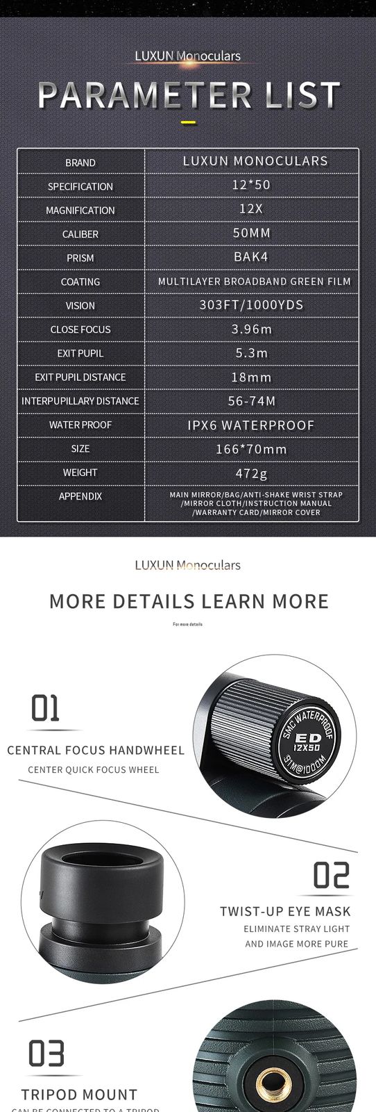 Handheld ED Lens 12X50 Waterproof BAK4 Monocular Telescope product detail 7