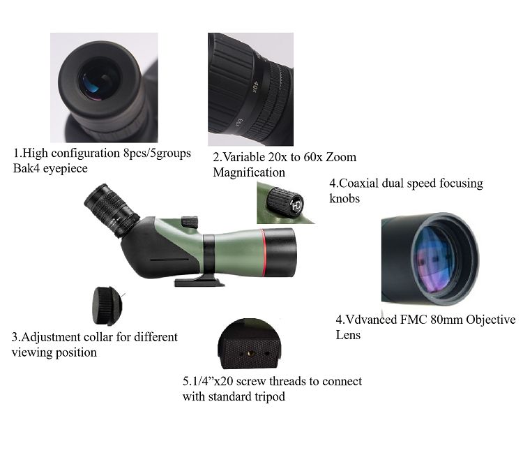 High Quality 20-60x60 20-60x80 Spotting Scope for Wacthing product detail 2