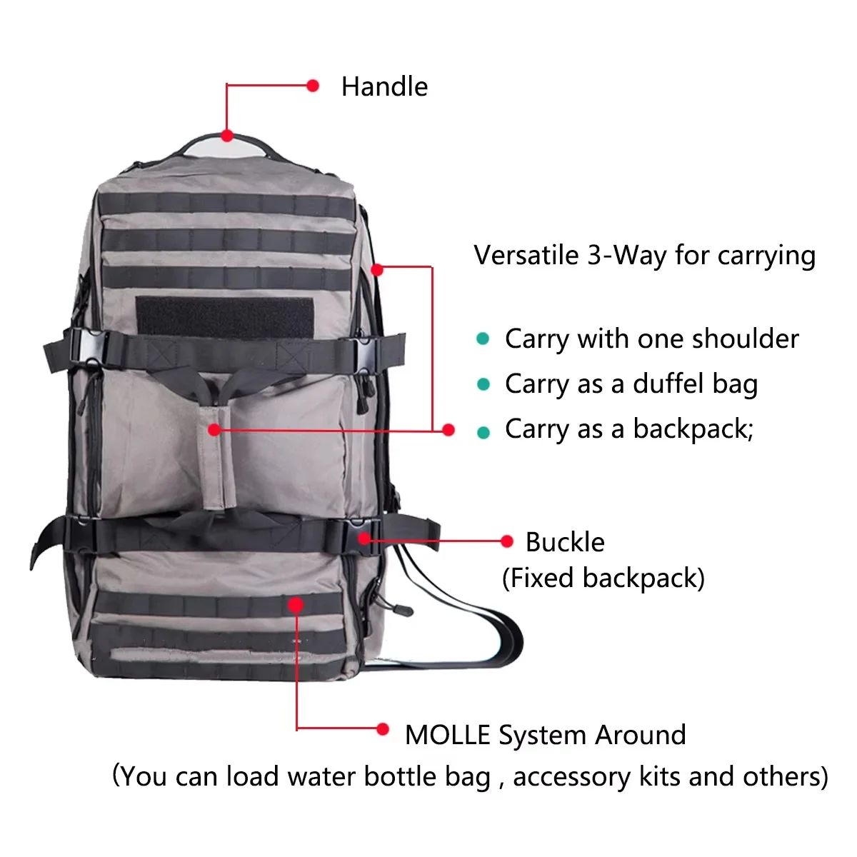 Large 60L Black Backpack Duffel Bag with Zipper product detail 5