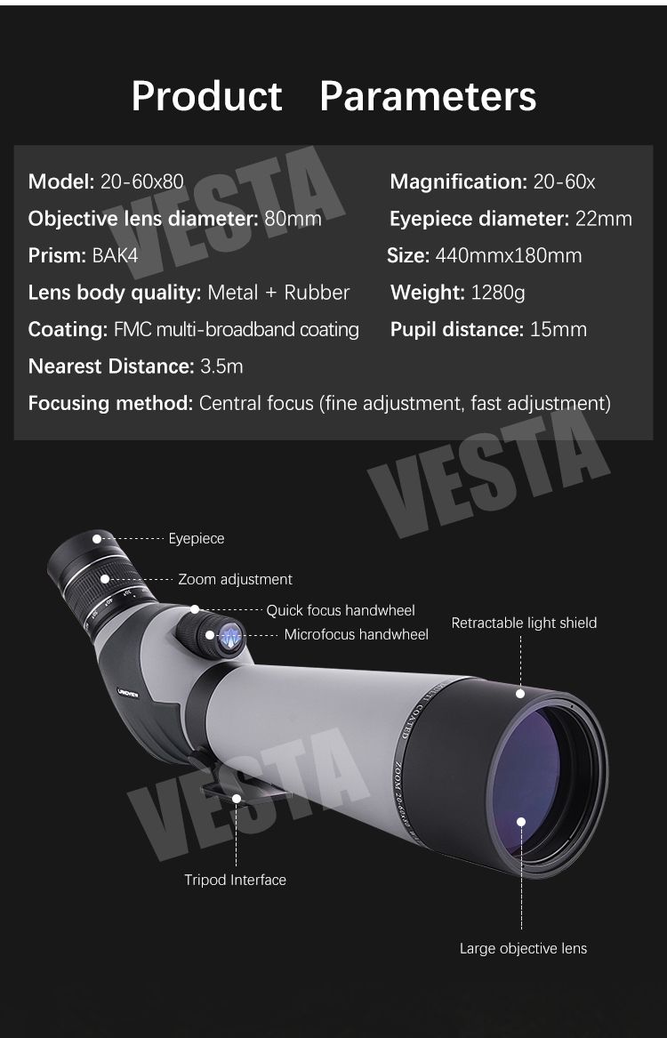LW5002 Outdoor Spotting Scope 20-60x80 Telescope for Bird product detail 3