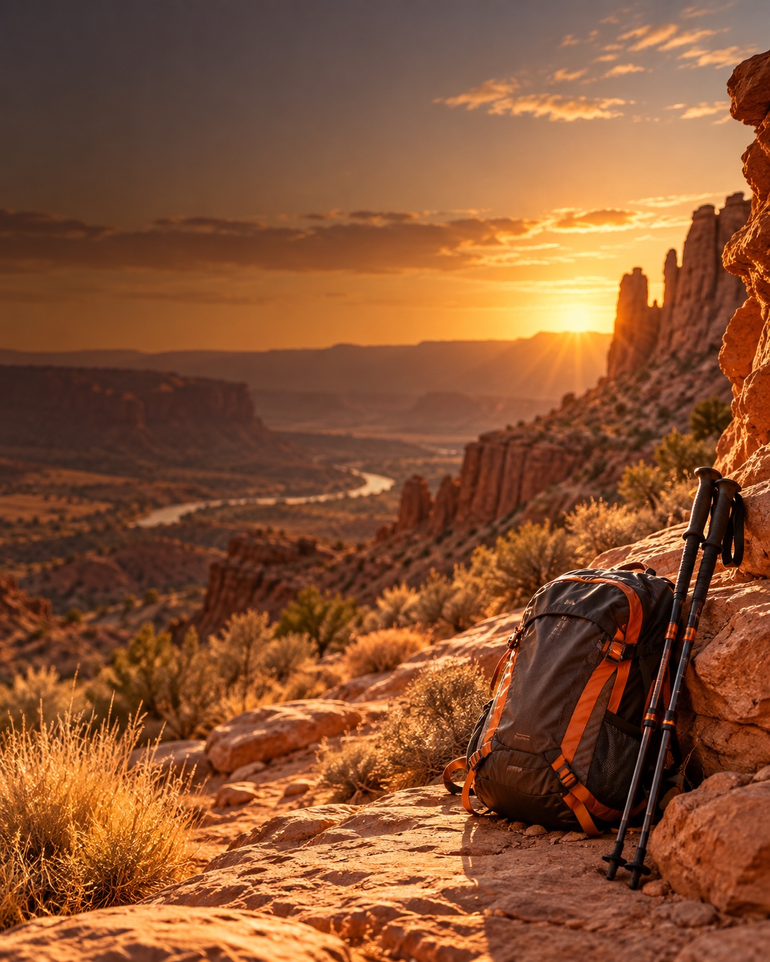 Hiking backpack and trekking poles in a sunlit desert canyon