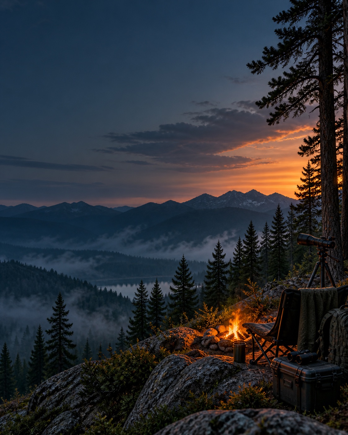Outdoor night vision and mountain observation at dusk