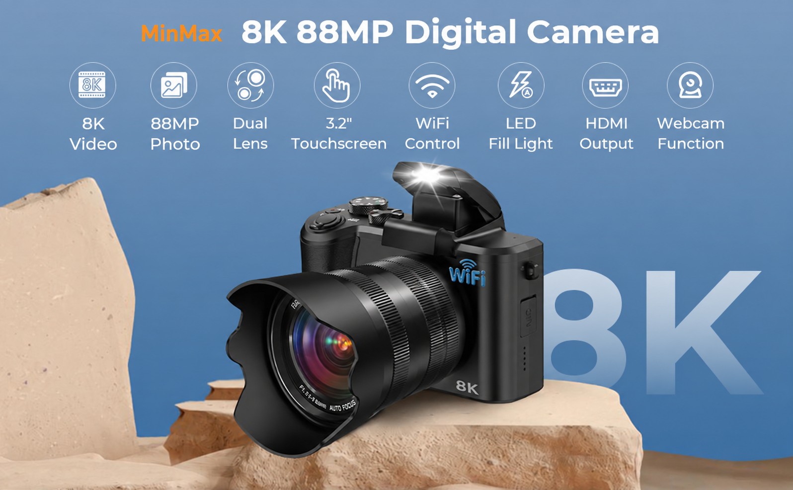 MinMax Outdoors 8K dual-lens digital camera features and accessories