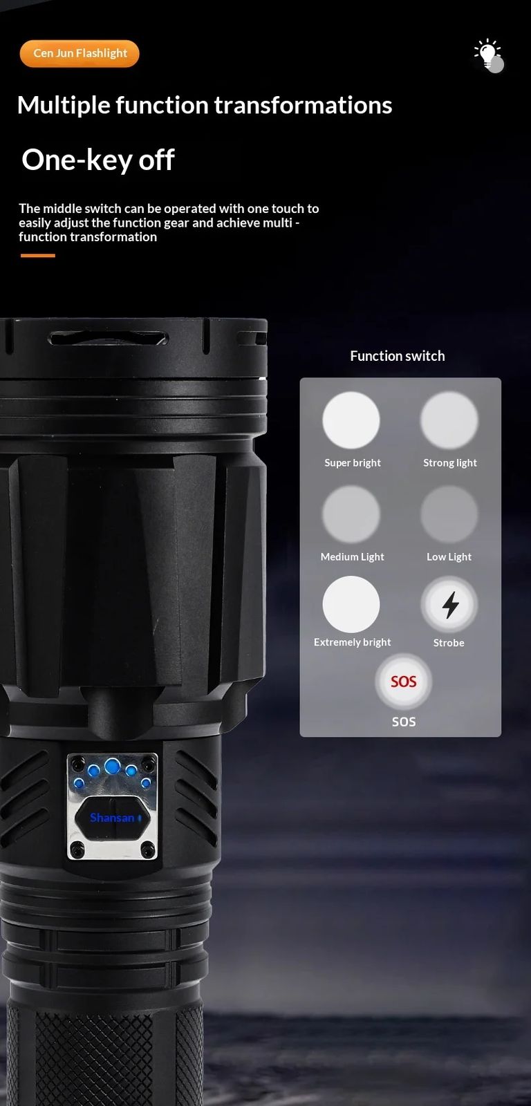 Powerful Tactical Flashlight 10000+ Lumens 9 Modes IP54 product detail 5