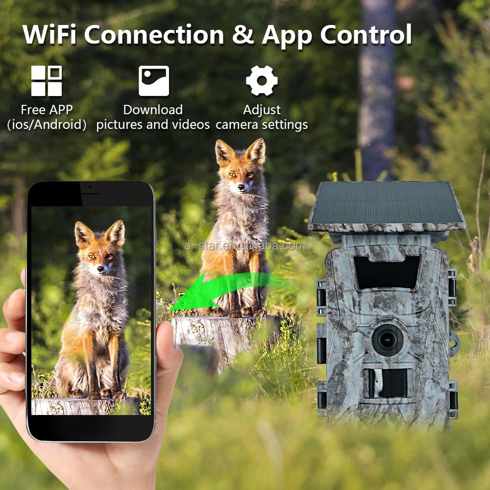 Hot PR903DW 4K CMOS 60MP Wi-Fi Waterproof Solar Battery Powered Wildlife Free App Control Photo Trap Game Hunting Trail Camera