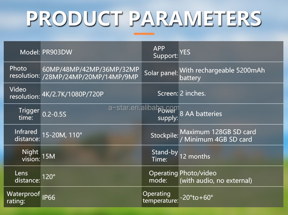 Hot PR903DW 4K CMOS 60MP Wi-Fi Waterproof Solar Battery Powered Wildlife Free App Control Photo Trap Game Hunting Trail Camera