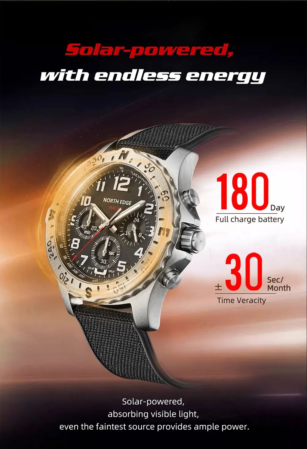 Solar Chronograph Watch Compass Bezel Tachymeter Fabric Band product detail 7