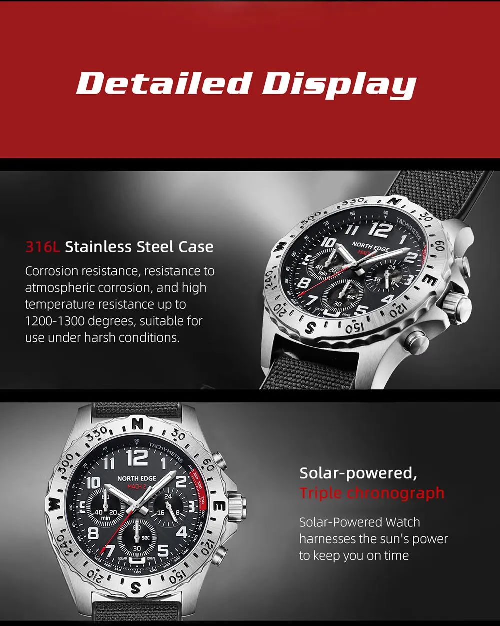 Solar Chronograph Watch Compass Bezel Tachymeter Fabric Band product detail 8
