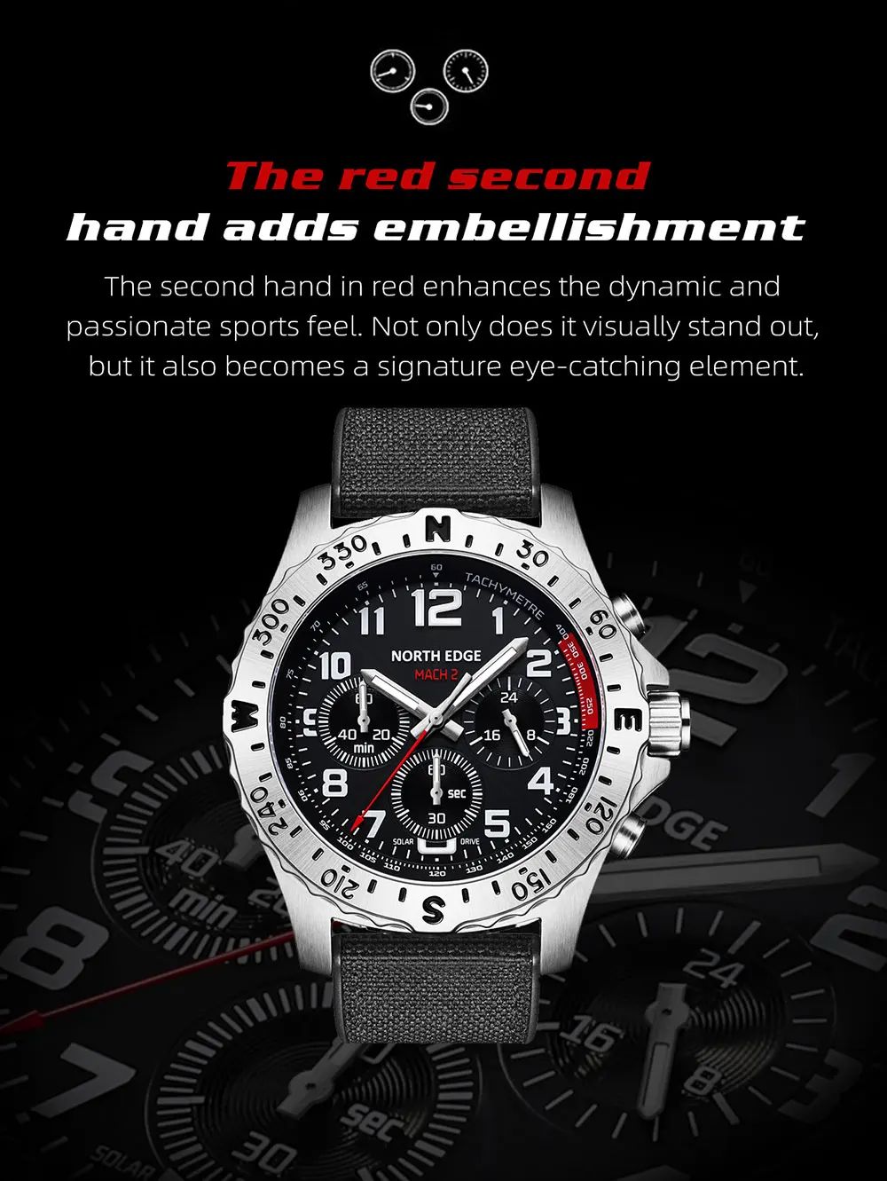 Solar Chronograph Watch Compass Bezel Tachymeter Fabric Band product detail 11