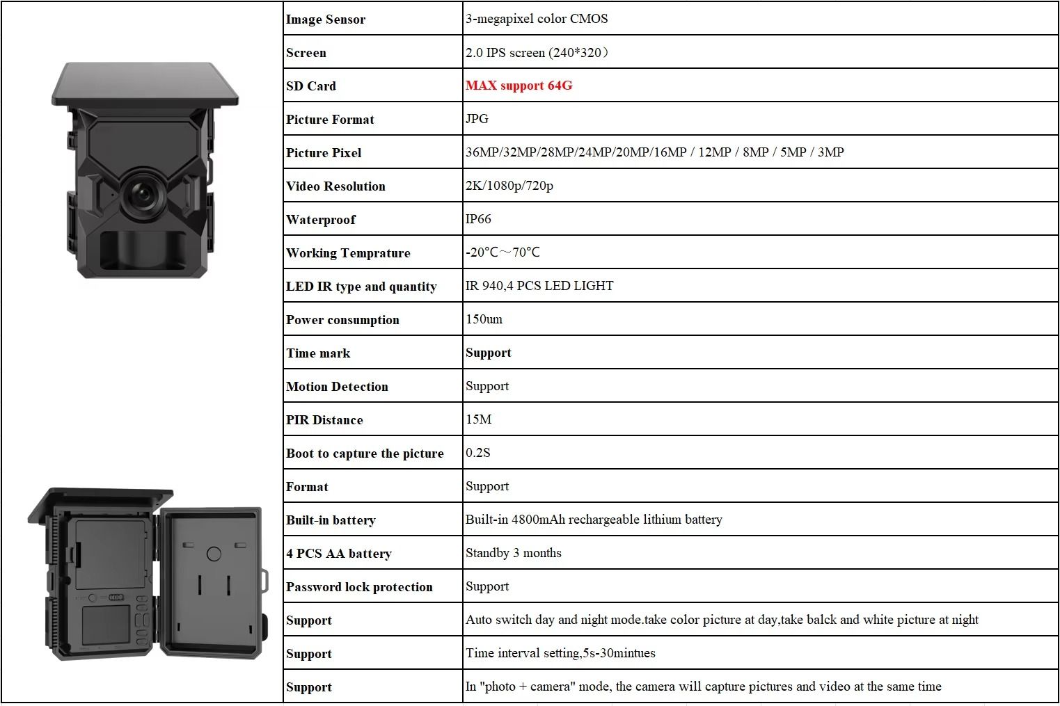 Solar Integrated Trail Camera 2K Video 36MP CMOS MinMax Outdoors product detail image 1