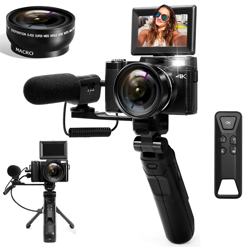 v01-4k-vlogging-camera-with-1-battery-3-0-inch-flip-screen-digital-camera-with-microphone-tripod-black-for-travel-and-everyday-photography-main Vlogging Camera main product image