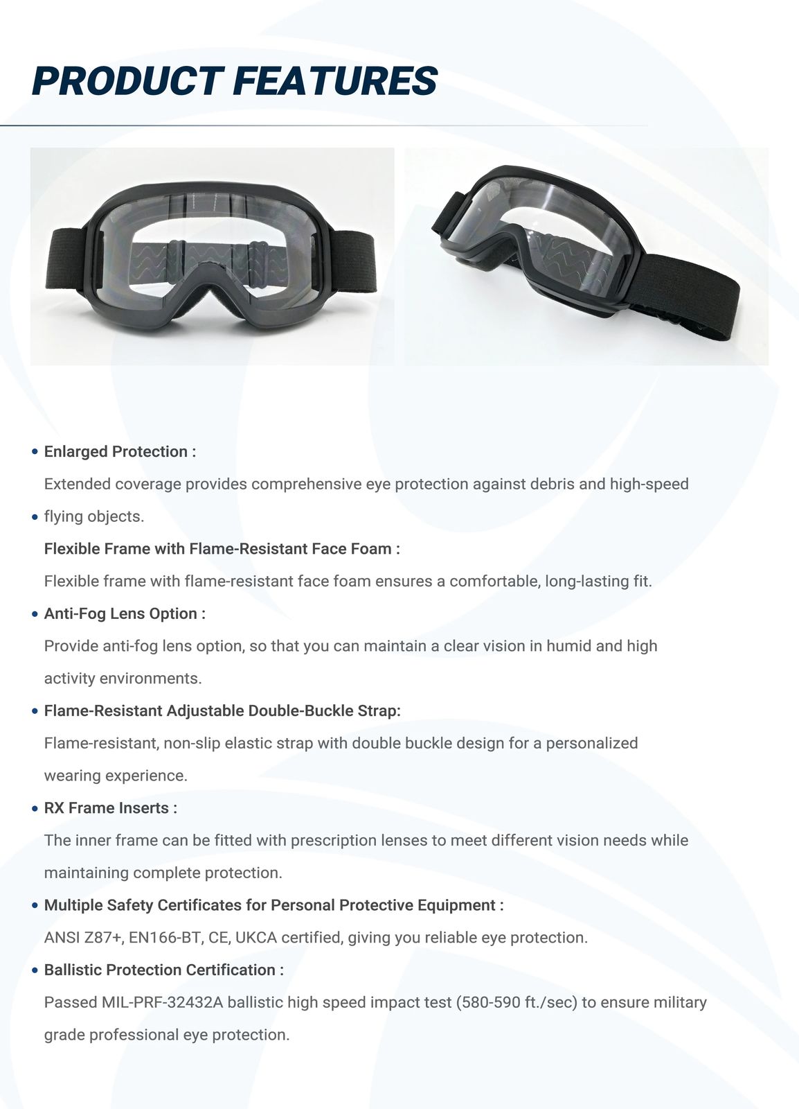 Z87+ Certified TPU frame anti-fog ballistic goggles for product detail 1