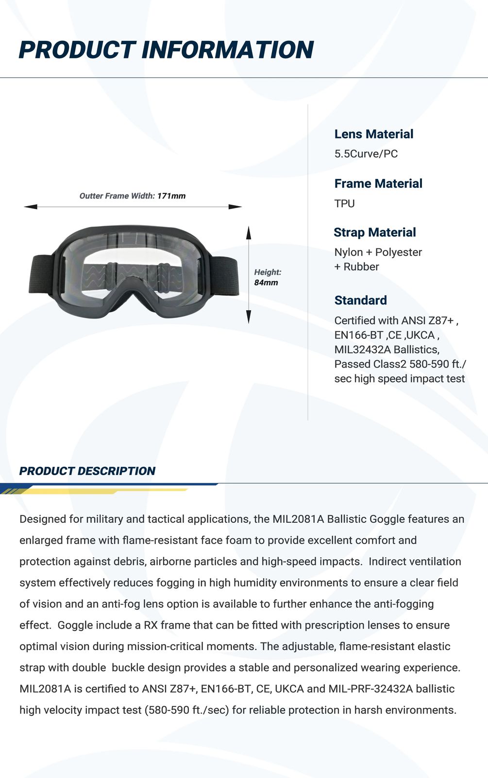 Z87+ Certified TPU frame anti-fog ballistic goggles for product detail 2